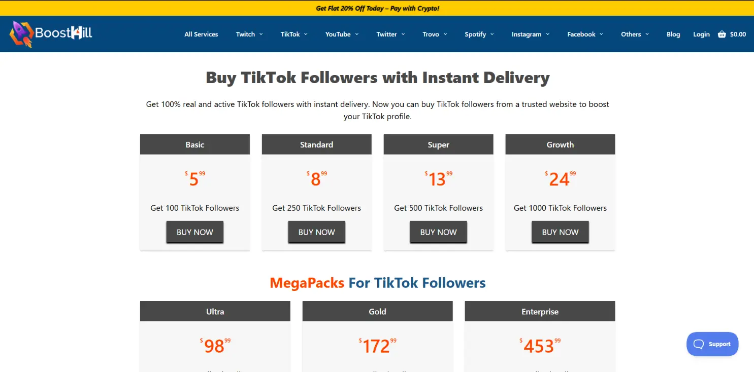 Boosthill TikTok followers service with premium pricing