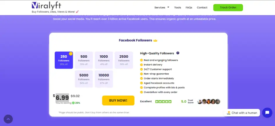 Viralyft Facebook followers service with premium pricing model