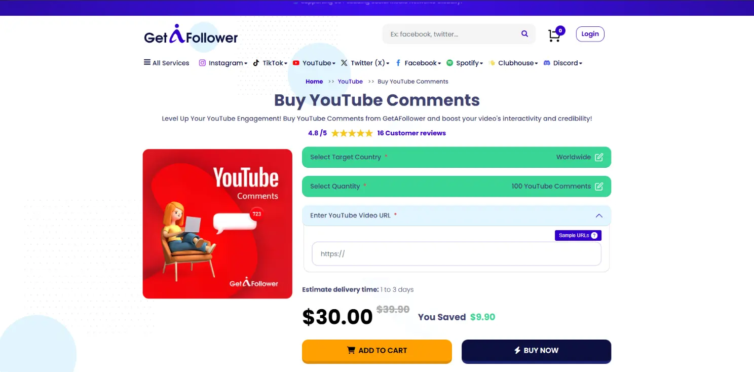 GetAFollower YouTube comments with expensive premium pricing