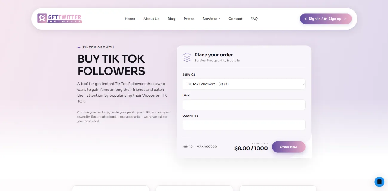 GetTwitterRetweet TikTok followers service page screenshot