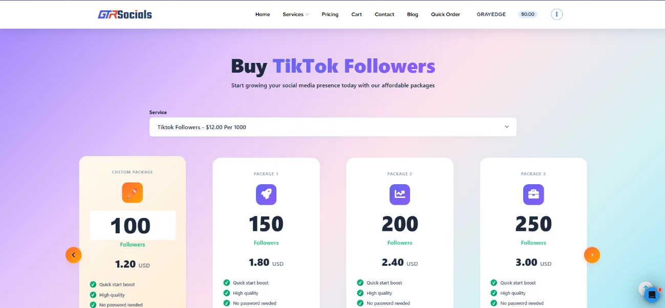 GTR Socials TikTok followers service page screenshot
