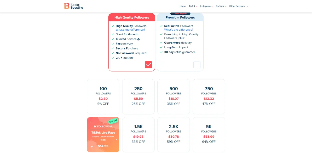 SocialBoosting TikTok followers service page screenshot
