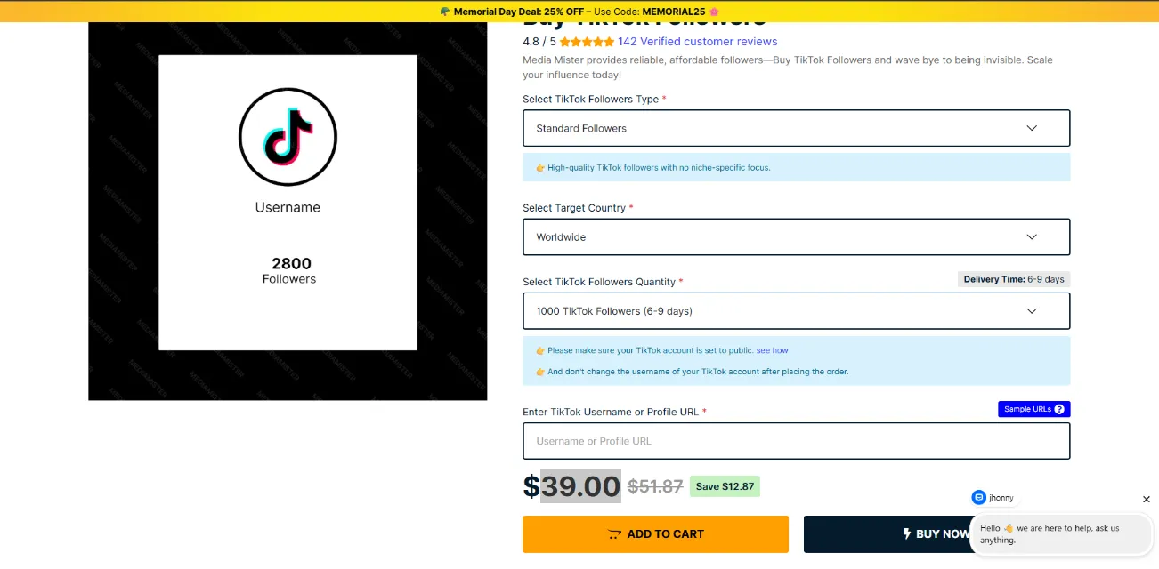 MediaMister TikTok followers service page screenshot