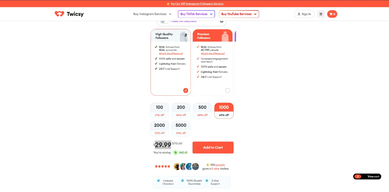 Twicsy TikTok followers service page screenshot
