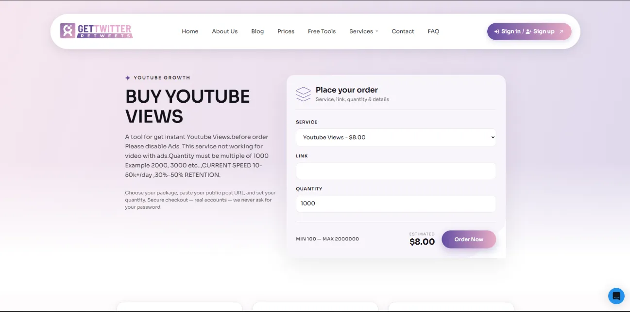 GetTwitterRetweet YouTube views service page screenshot