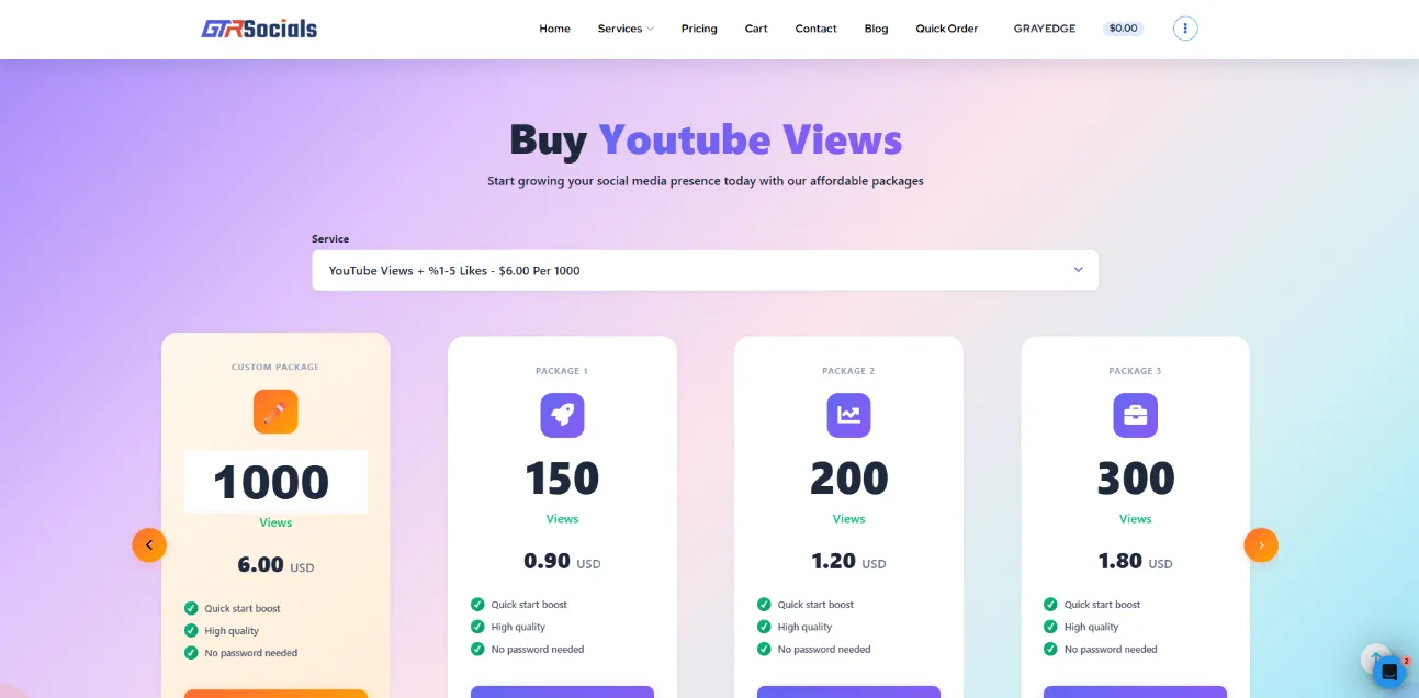 GTR Socials YouTube views service page screenshot