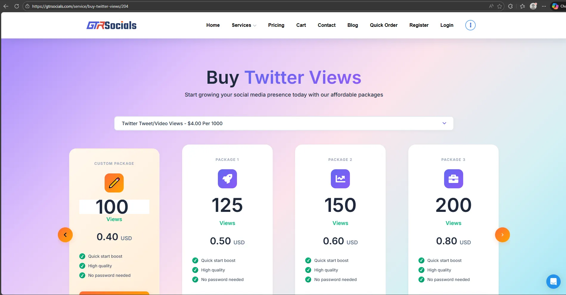 GTR Socials X Twitter views pricing showing affordable rates starting at $0.40 per 100 views with instant delivery