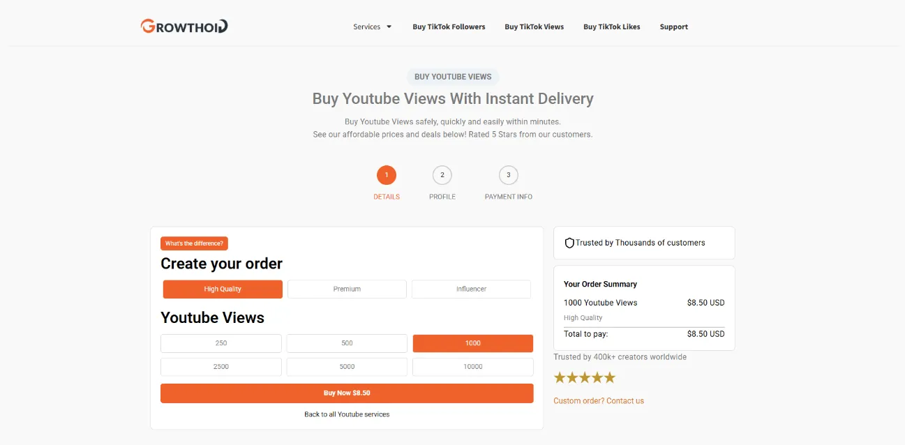 Growthoid YouTube views service page screenshot