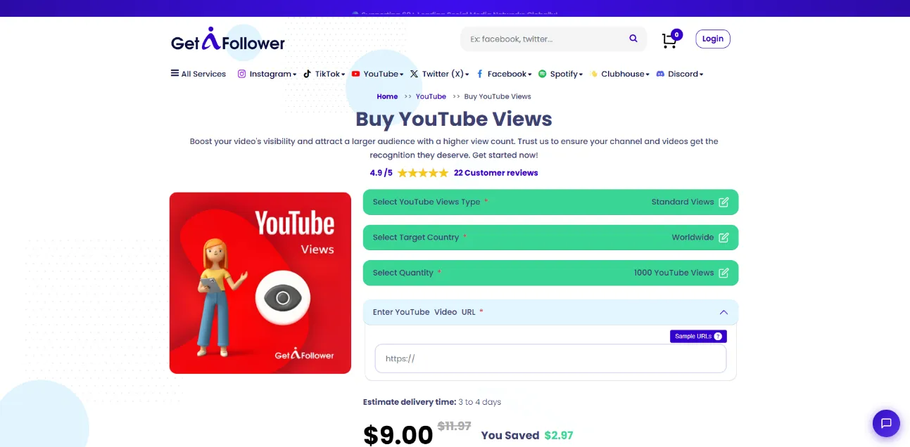 GetAFollower YouTube views service page screenshot