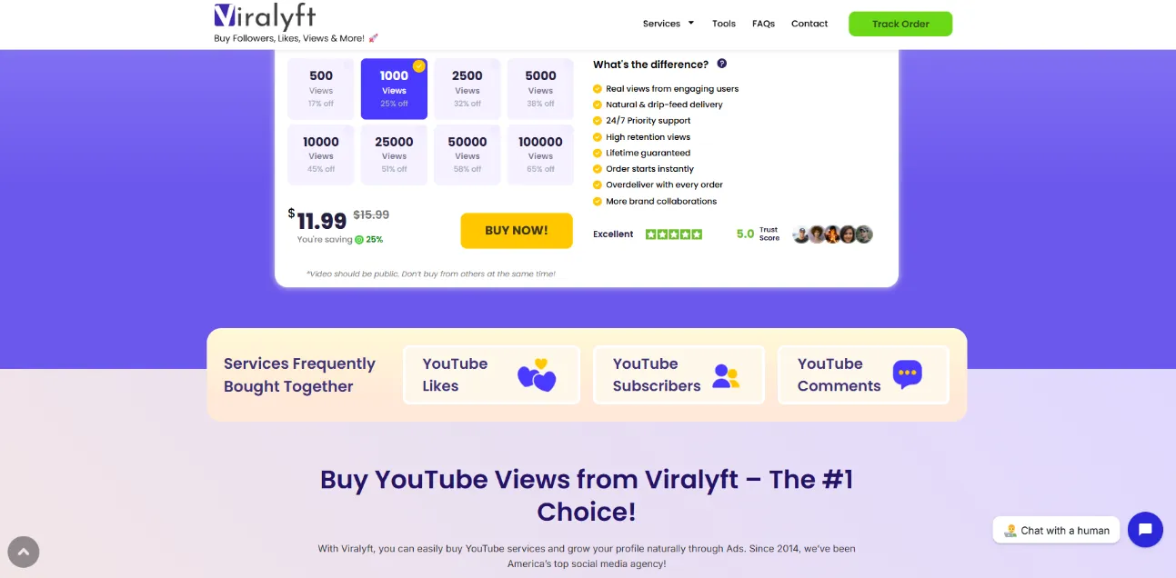 Viralyft YouTube views service page screenshot