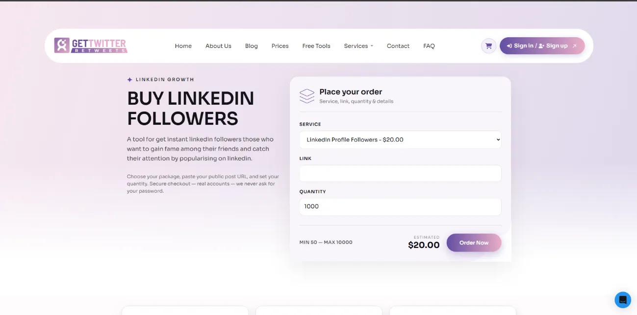 GetTwitterRetweet LinkedIn followers service page screenshot