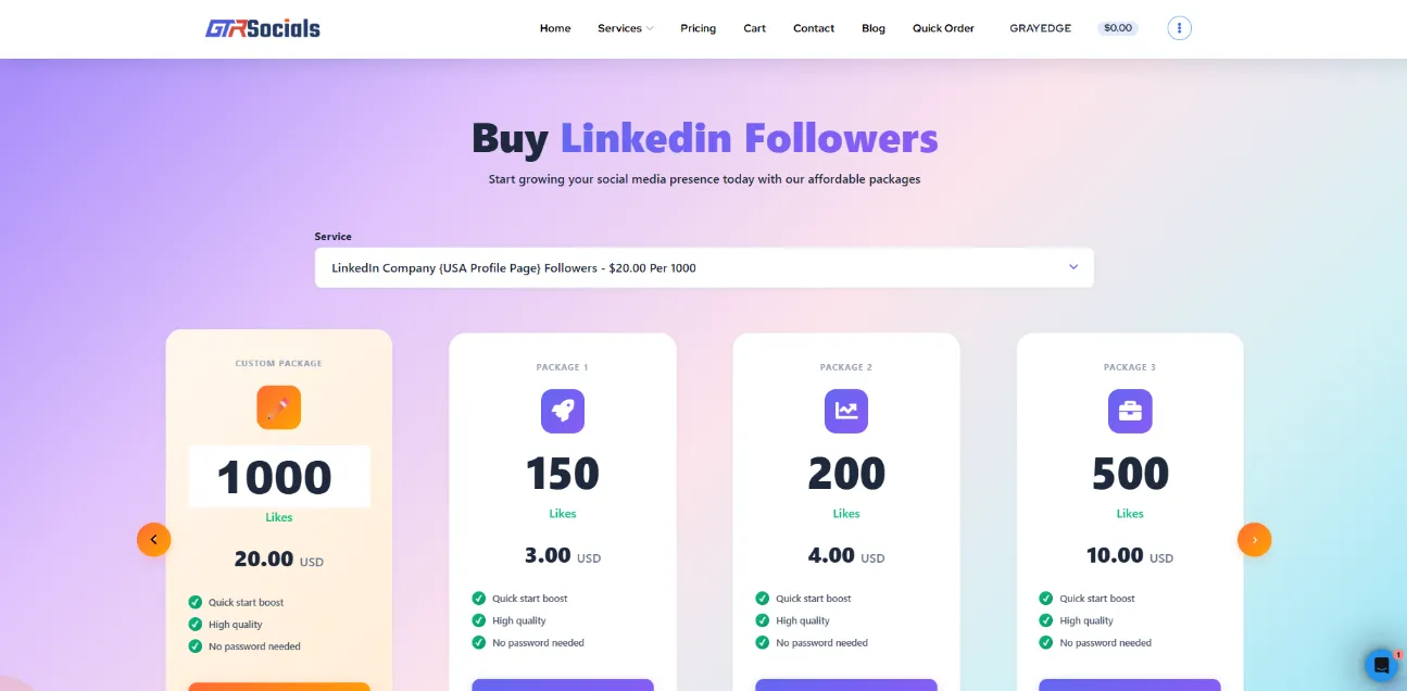 GTR Socials LinkedIn followers service page screenshot