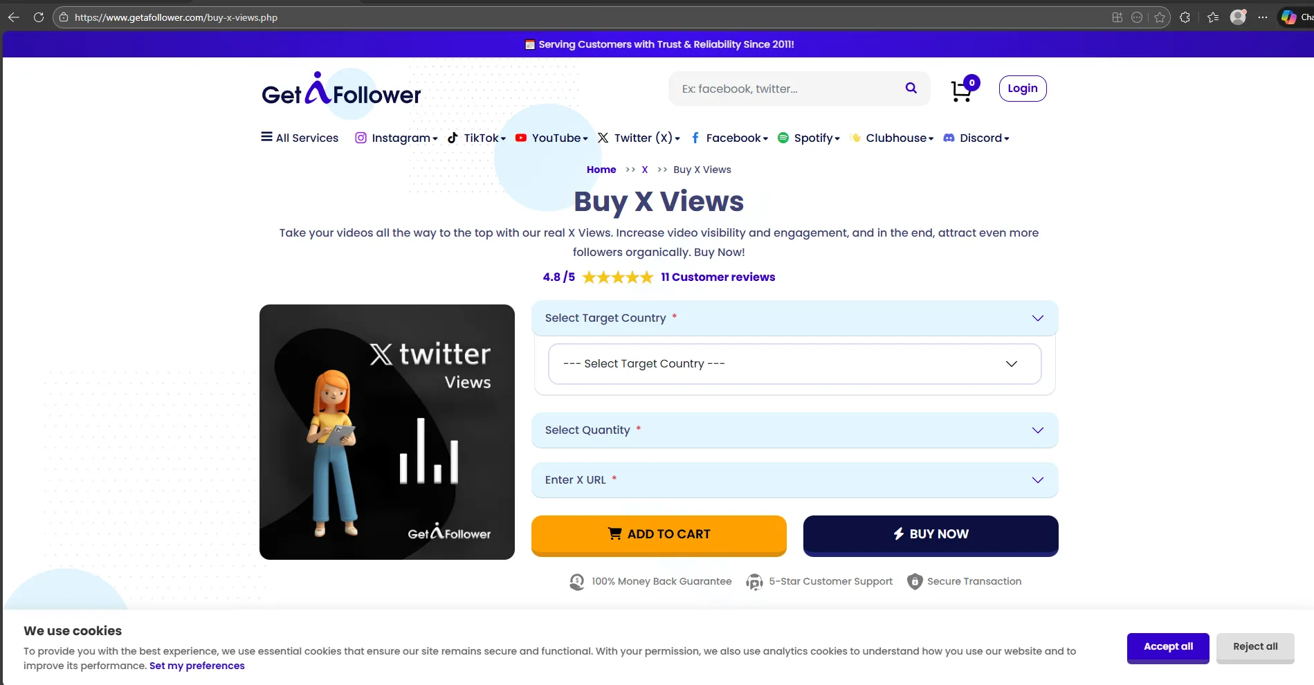 GetAFollower X views service with pricing and delivery information