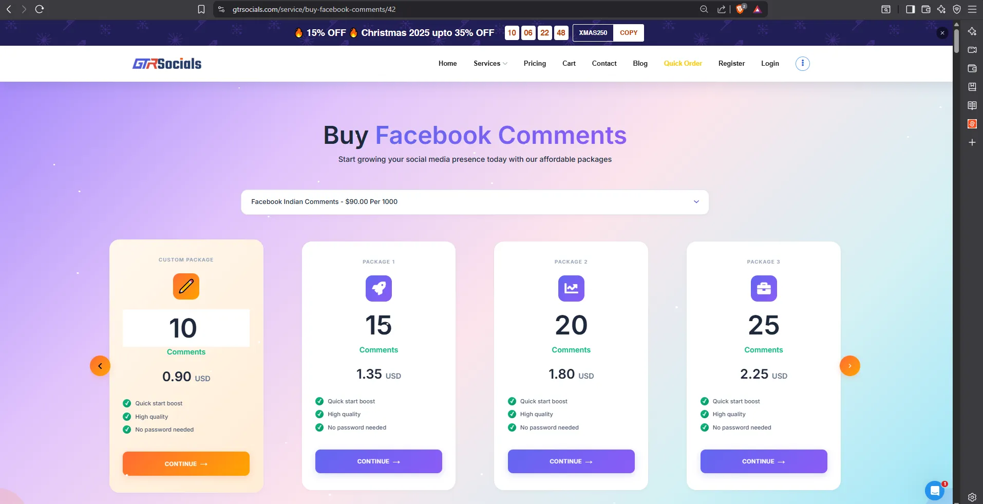 GTR Socials Facebook comments pricing showing most affordable rates starting at $0.09 per comment with custom and random options