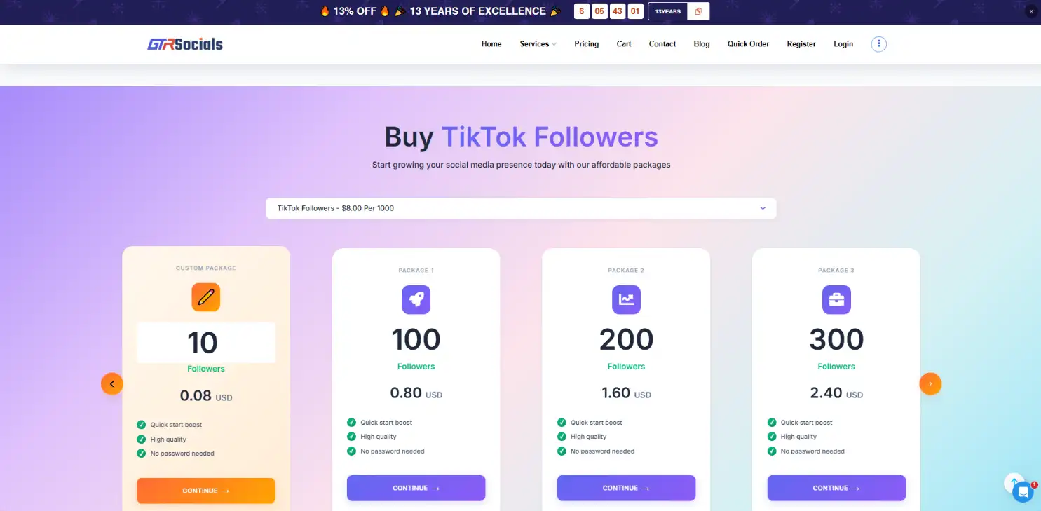 GTR Socials TikTok followers pricing showing industry-leading rates at $0.80 per 100 followers