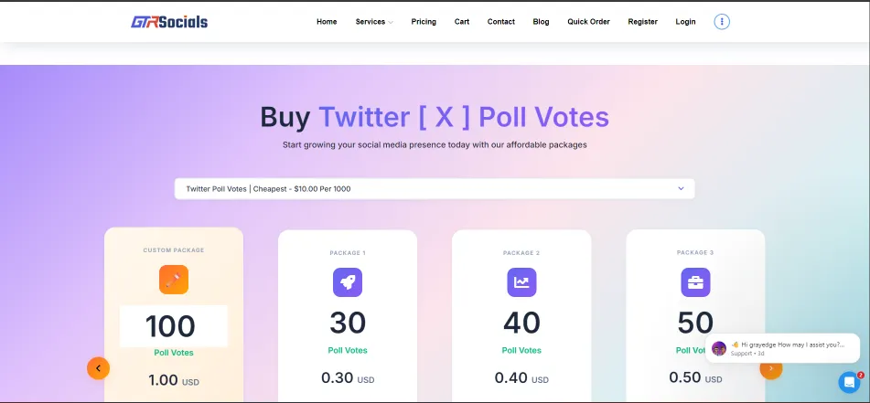 GTR Socials X Twitter poll votes service showing reliable pricing and quality delivery