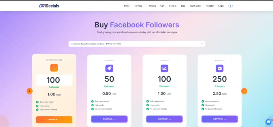 GTR Socials Facebook followers service showing reliable pricing and quality delivery