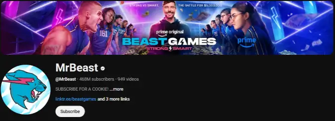 MrBeast YouTube channel banner showing subscriber count