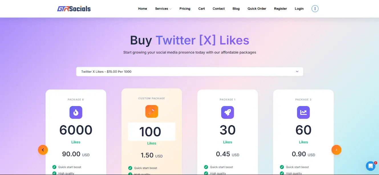 GTR Socials X Twitter likes service showing unbeatable pricing and quality