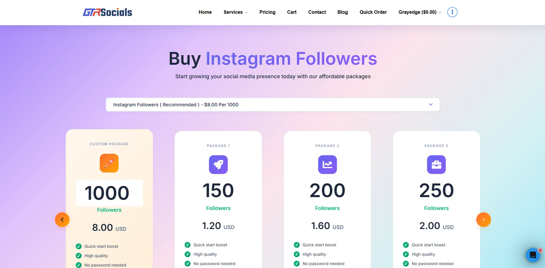 GTR Socials Instagram followers service showing real active followers and superior quality