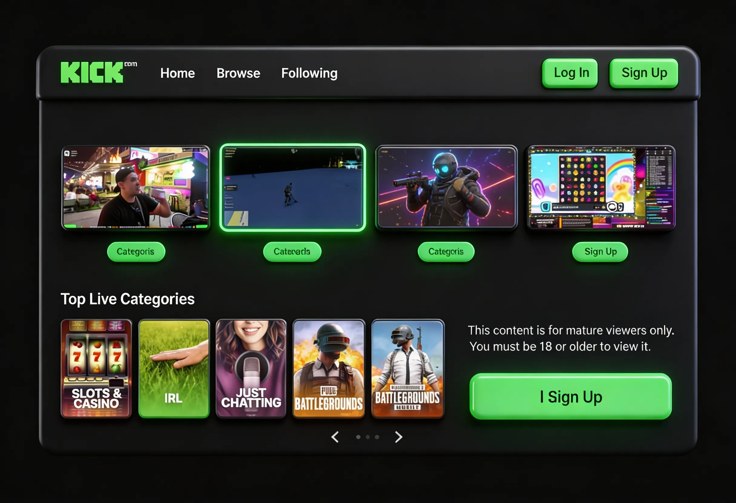 Active Kick live stream showing viewer count, chat engagement, and follower interactions
