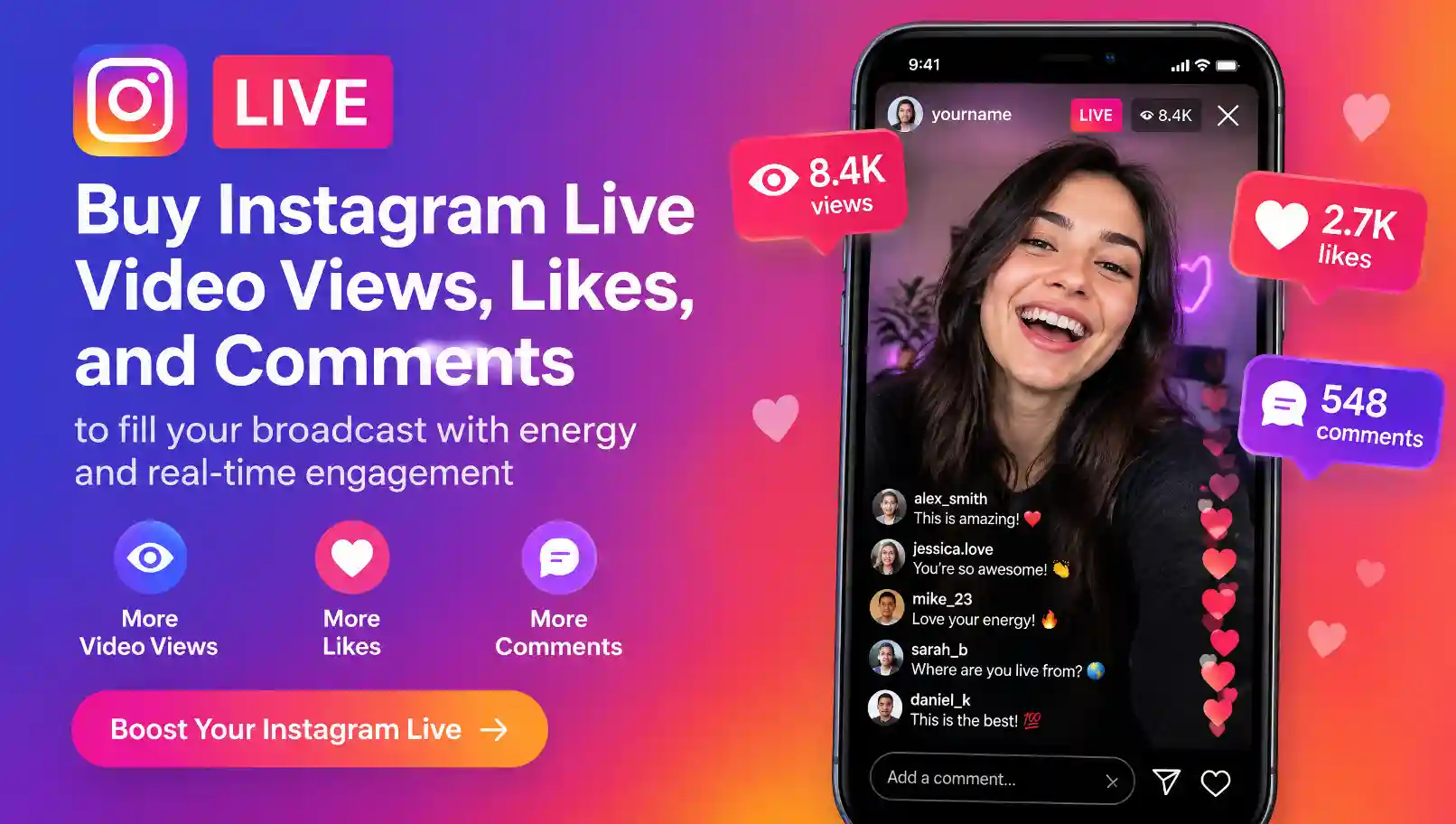 Buy Instagram Live video views, likes, and comments to fill your broadcast with energy and real-time engagement