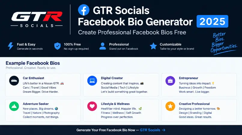 GTR Socials Générateur de Bio Facebook 2025 &mdash; créez des bios Facebook professionnelles gratuitement