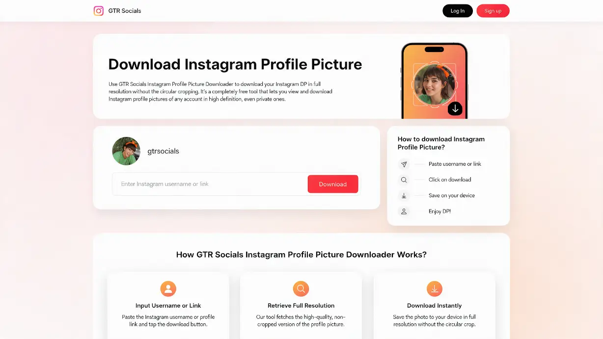 GTR Socials Instagram Profile Picture Downloader — save full-resolution profile photos without circular crop