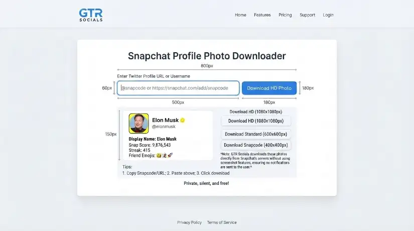 GTR Socials Snapchat Profile Photo Downloader &mdash; full-resolution profile photos without screenshot notifications