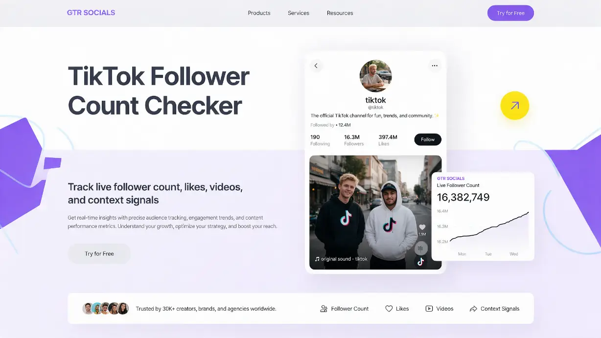 GTR Socials TikTok Follower Count Checker &mdash; live follower stats with likes, videos, and context signals