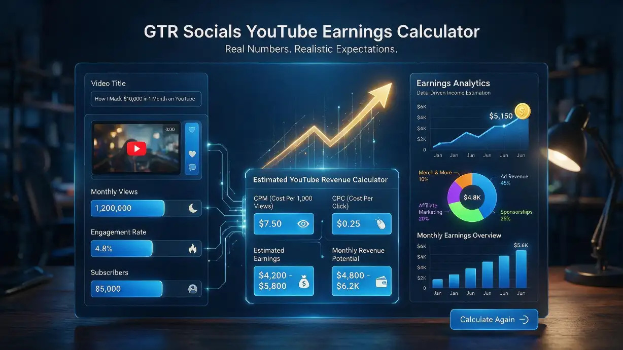 GTR Socials YouTube Earnings Calculator &mdash; realistic channel revenue estimates from views and niche CPM