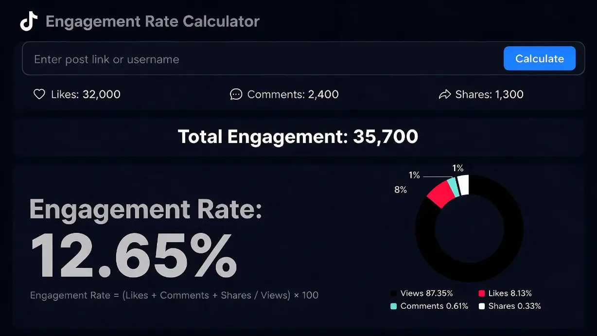 TikTok engagement rate calculator dashboard displaying likes, comments, shares and views breakdown